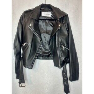 Calvin Klein Womens Black Faux Leather Motorcycle Biker Jacket Zip belted Small